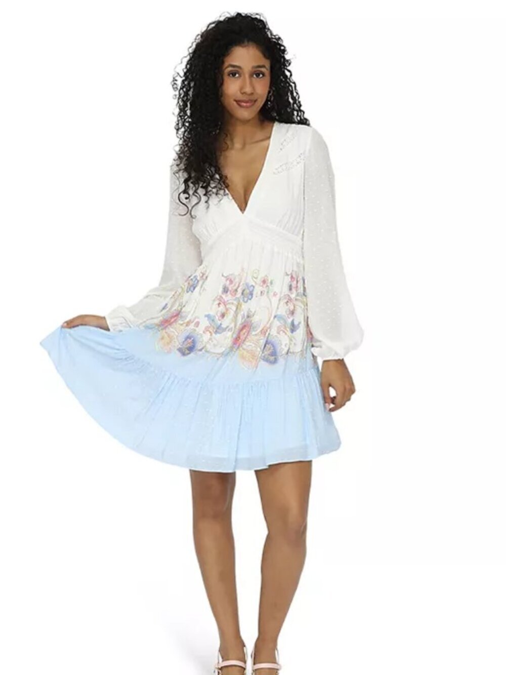 NWOT Belle & Bloom Floral Boho Long Sleeve Mini Dress White Blue Medium